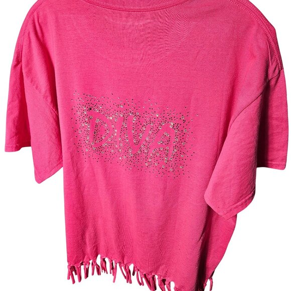 Gildan Pink DryBlend Sexy Diva Rhinestone Fringe Tee Large - Picture 2 of 5